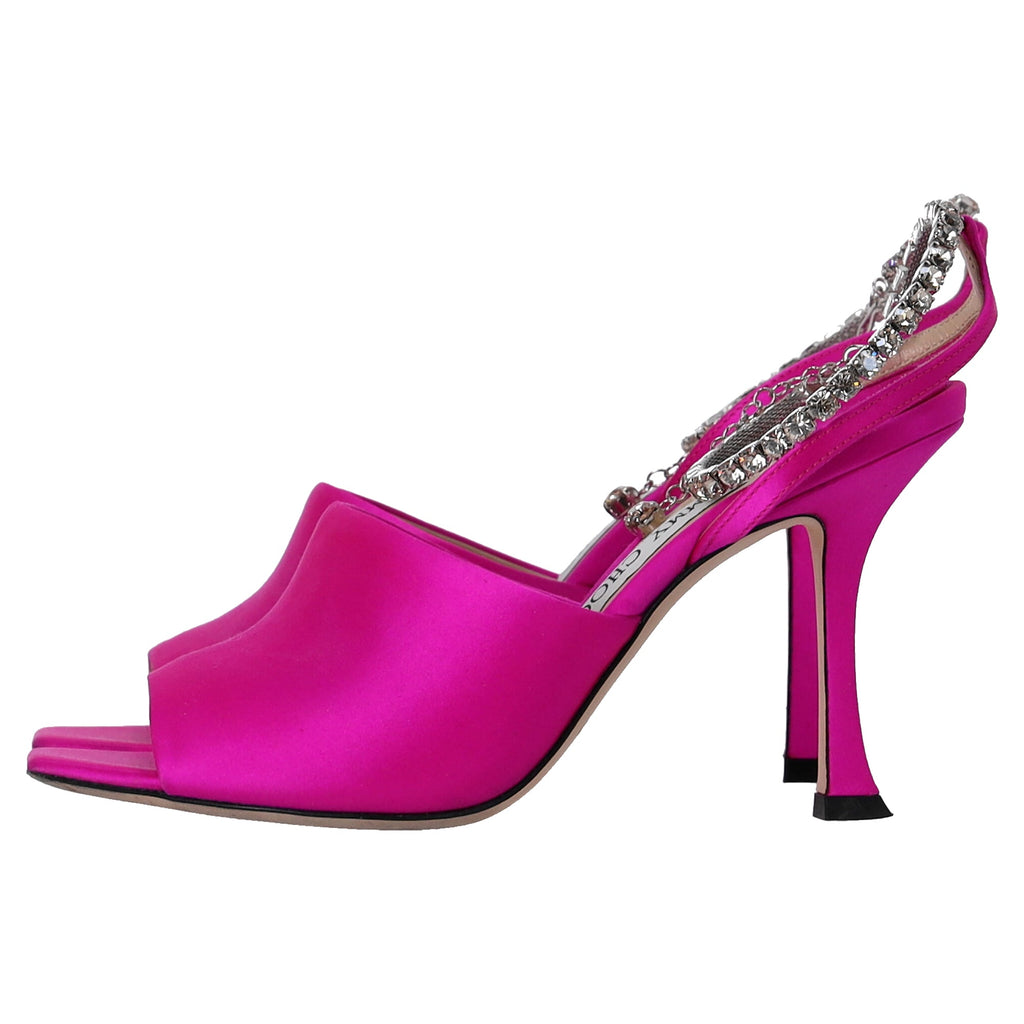 Women's Jimmy Choo Saeda 90 Sandals with Crystal Chain Embellishment in Pink Satin