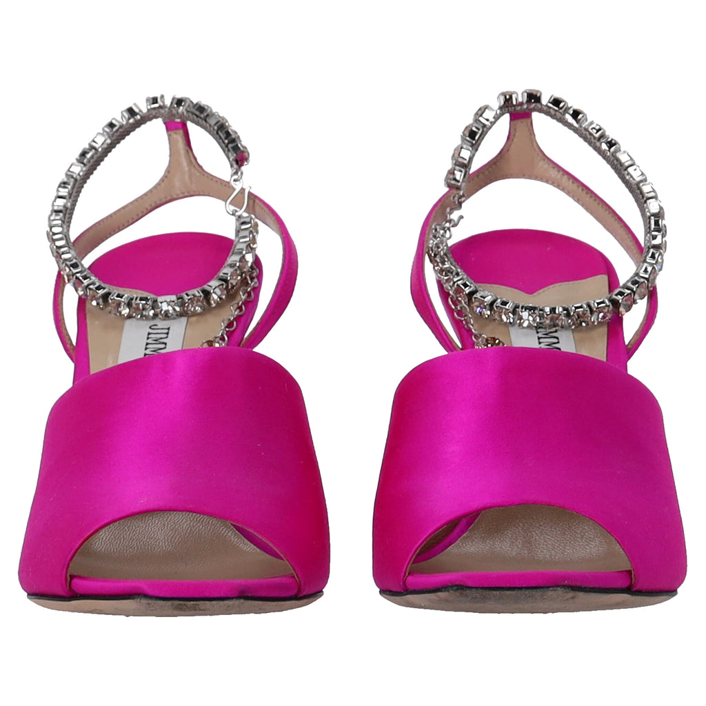 Women's Jimmy Choo Saeda 90 Sandals with Crystal Chain Embellishment in Pink Satin