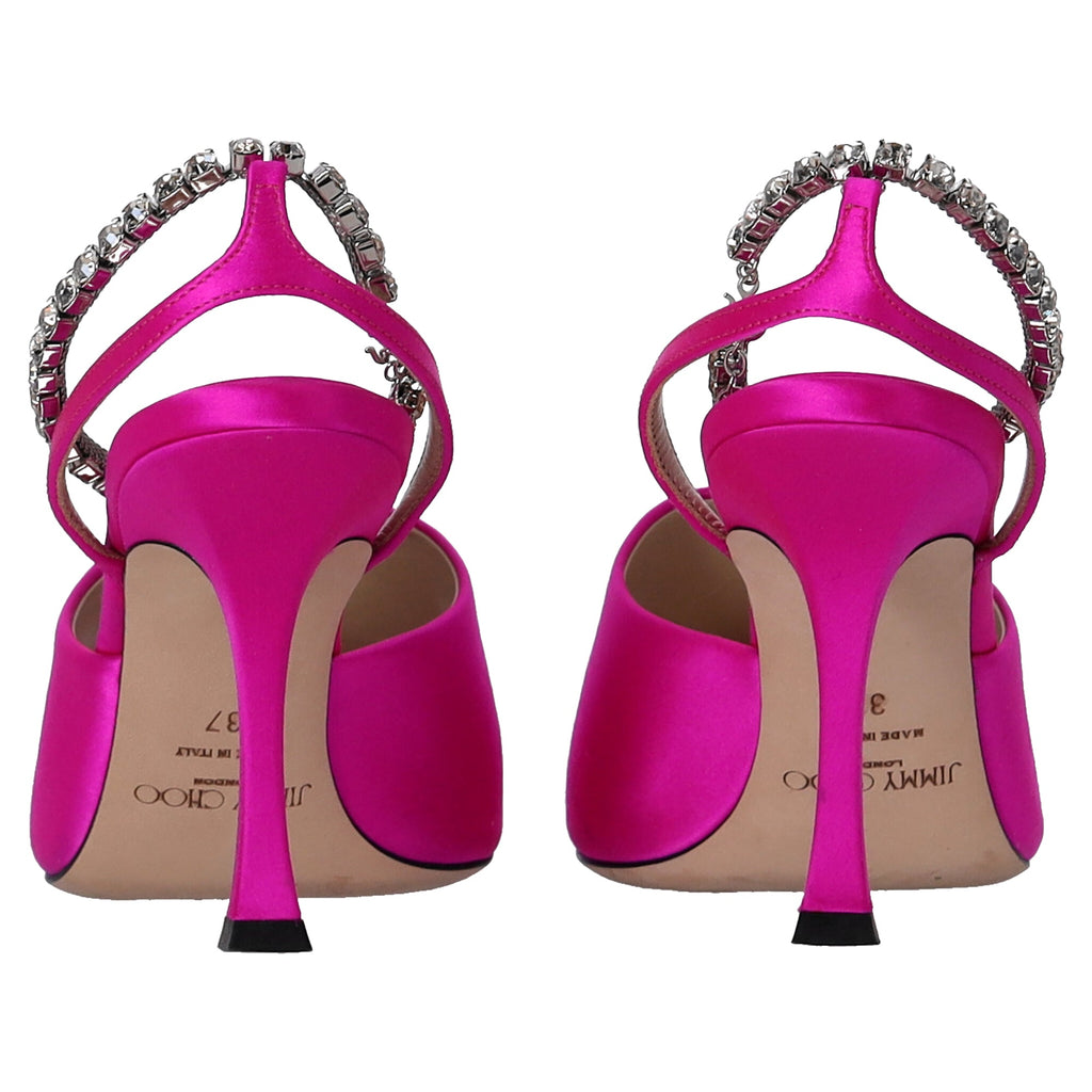 Women's Jimmy Choo Saeda 90 Sandals with Crystal Chain Embellishment in Pink Satin