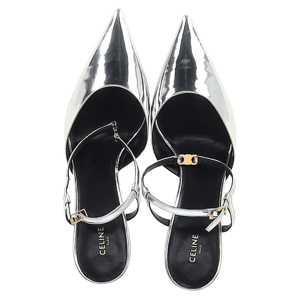 Celine Ankle Strap Pointed Toe Pumps in Silver Leather
