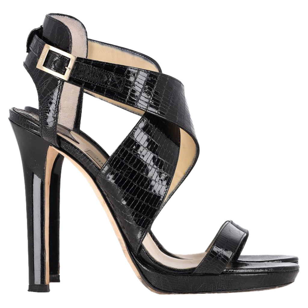 Jimmy Choo Cross-Strap Sandal Heels in Black Patent Leather