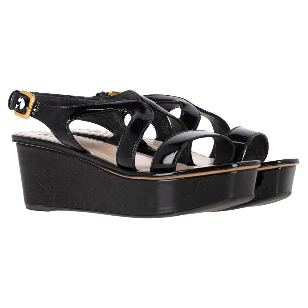 Prada Slingback Wedge Sandals in Black Patent Leather
