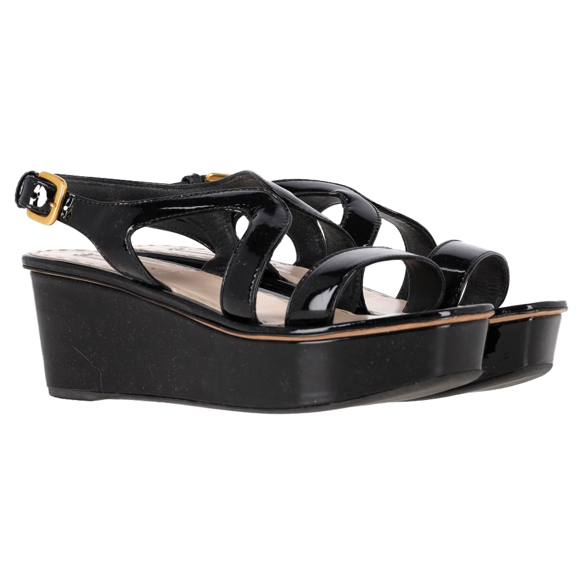 Prada Slingback Wedge Sandals in Black Patent Leather