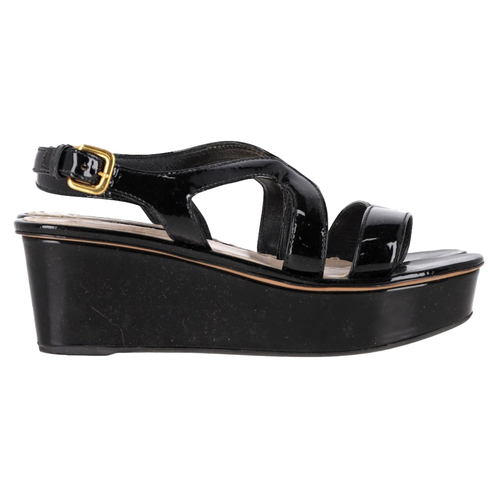 Prada Slingback Wedge Sandals in Black Patent Leather