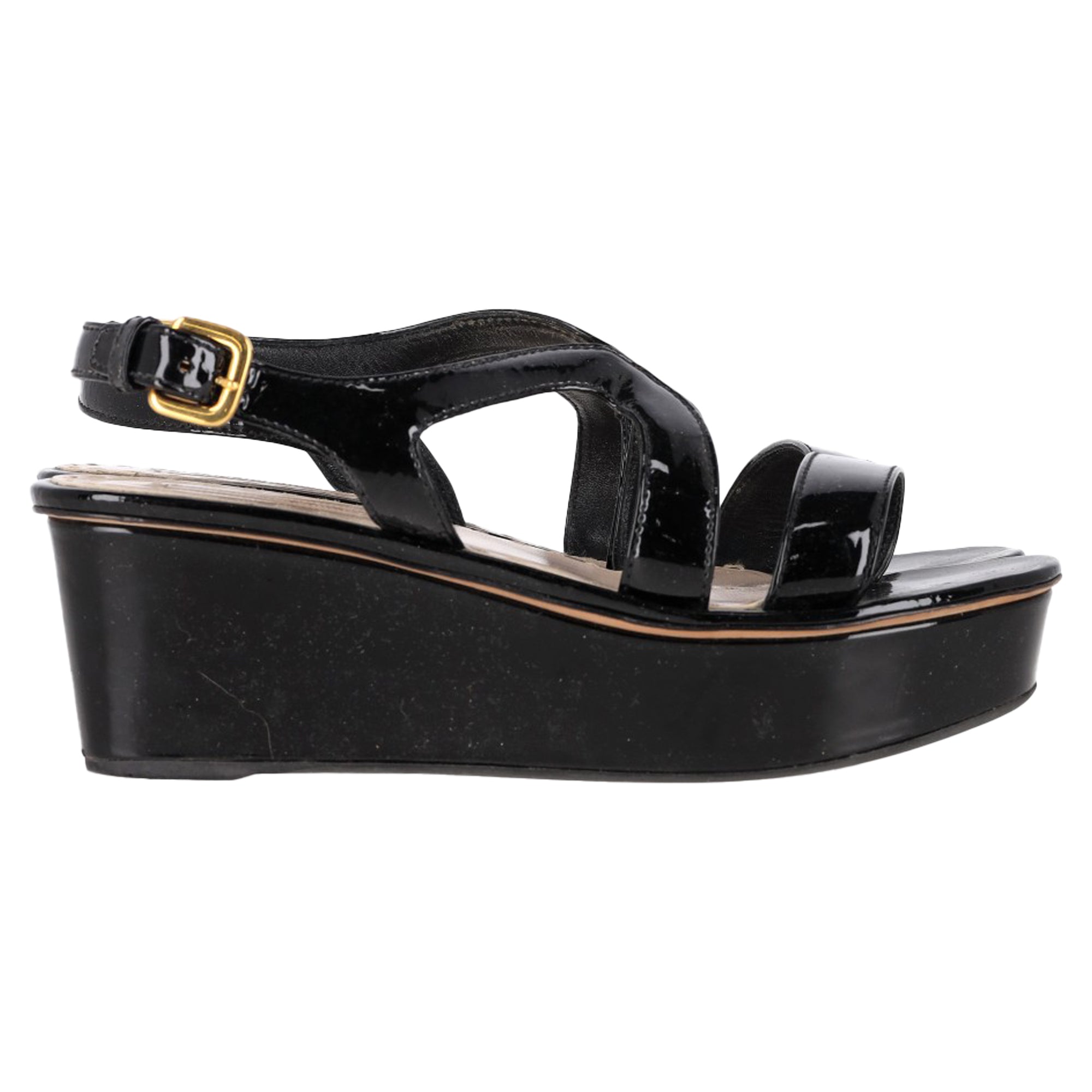 Prada Slingback Wedge Sandals in Black Patent Leather