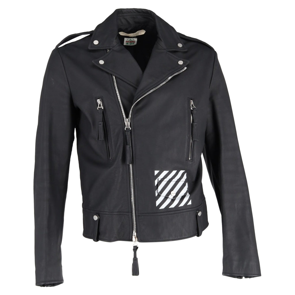 Off-White Diagonal Stripe Biker Jacket in Black Leather