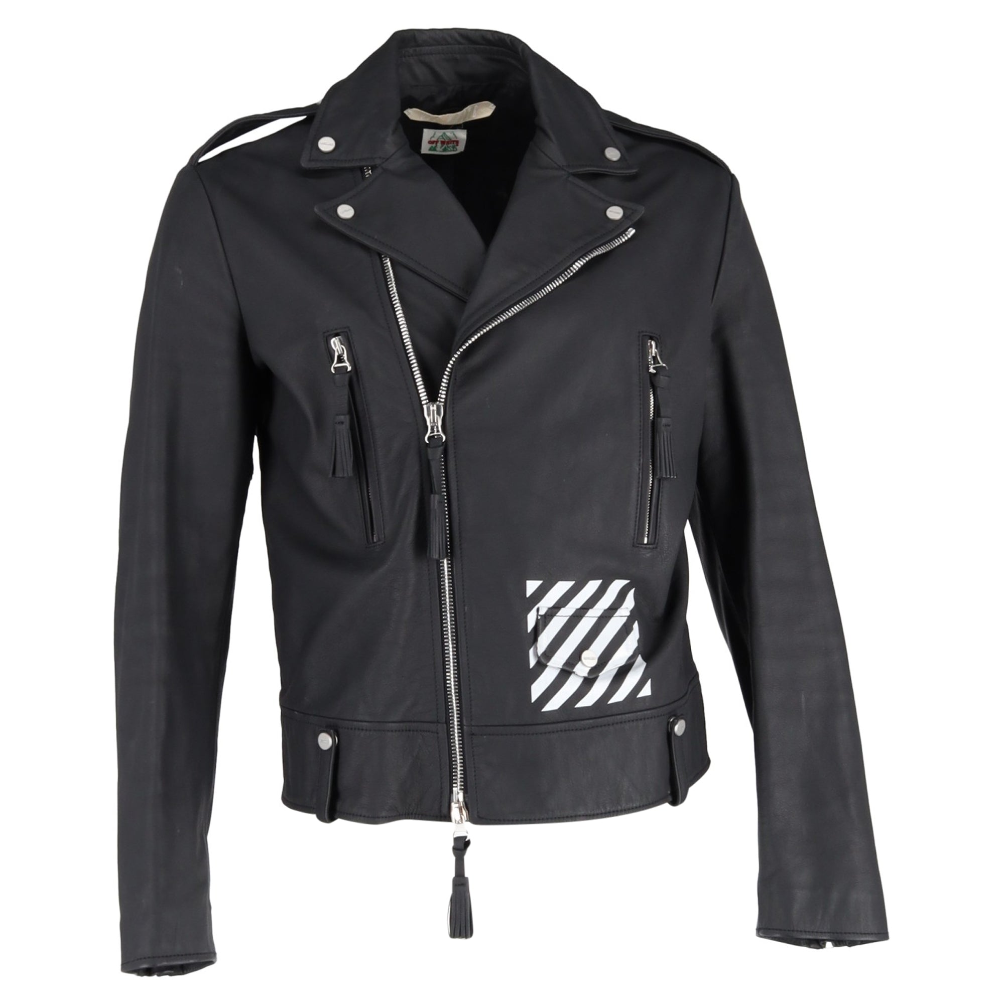 Off-White Diagonal Stripe Biker Jacket in Black Leather