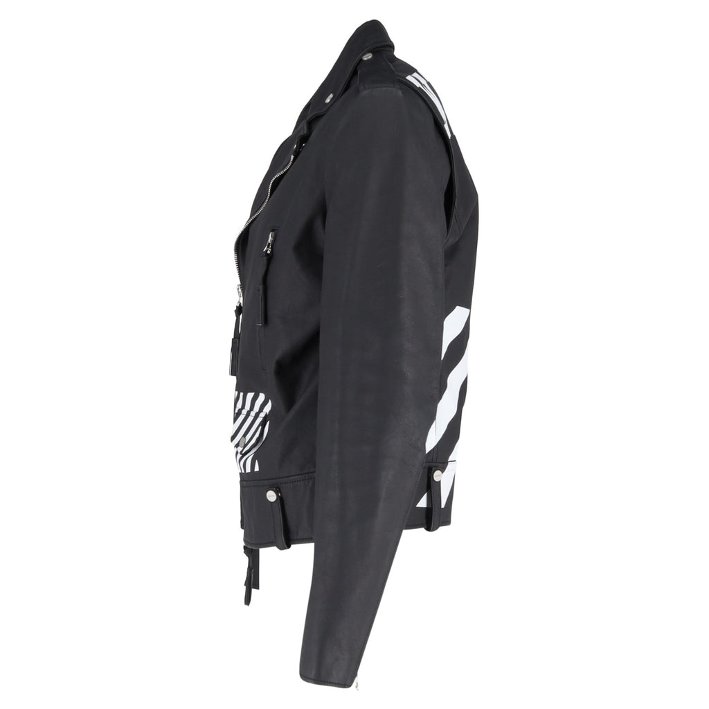 Off-White Diagonal Stripe Biker Jacket in Black Leather