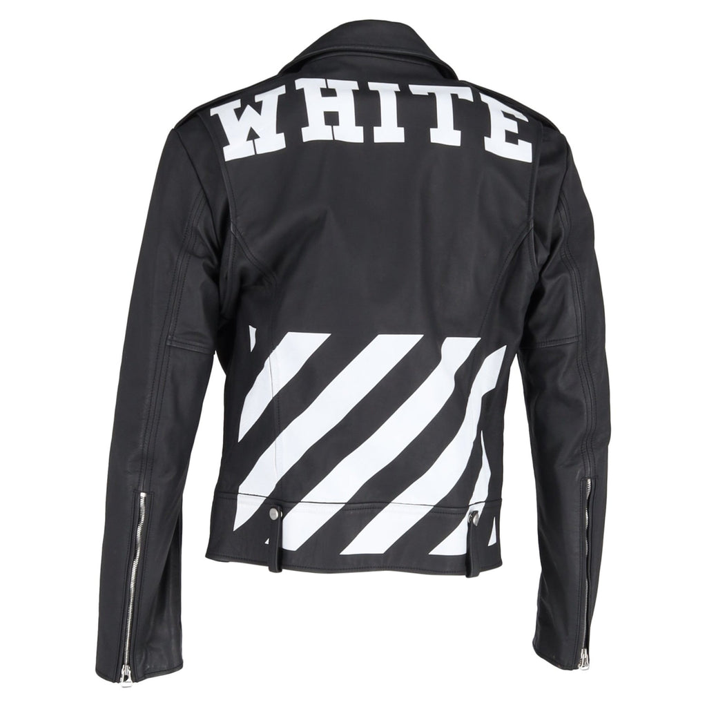 Off-White Diagonal Stripe Biker Jacket in Black Leather