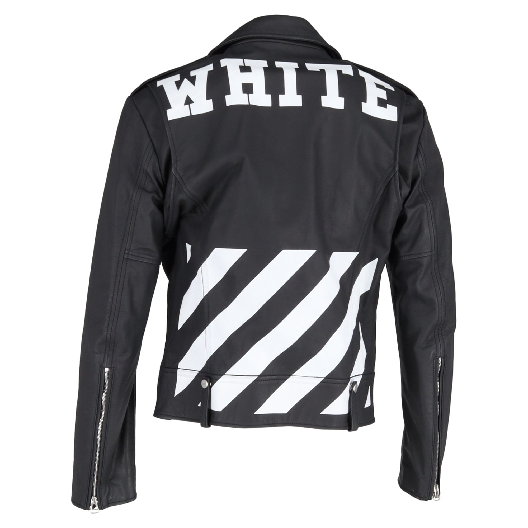 Off-White Diagonal Stripe Biker Jacket in Black Leather