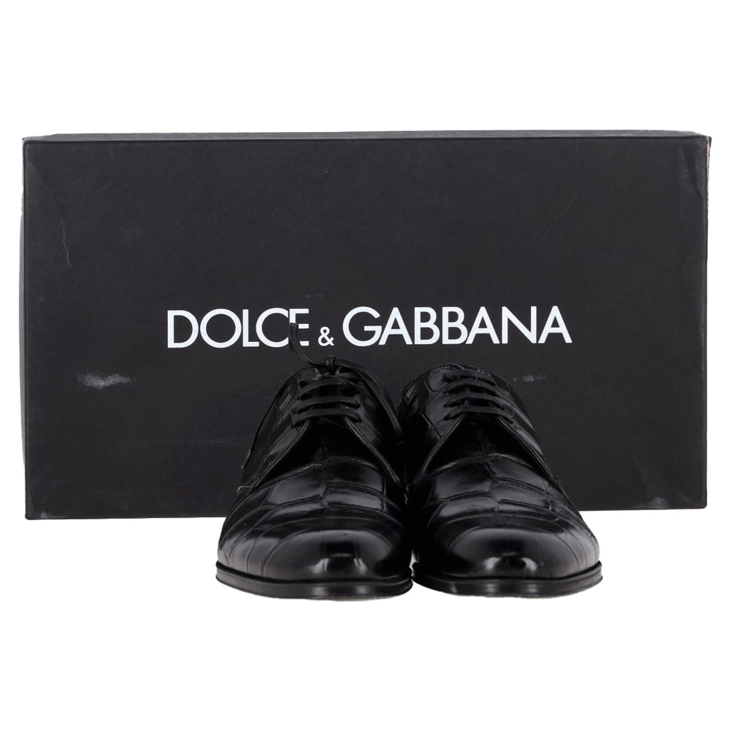Women's Dolce & Gabbana Croc Embossed Derby Shoes in Black Leather