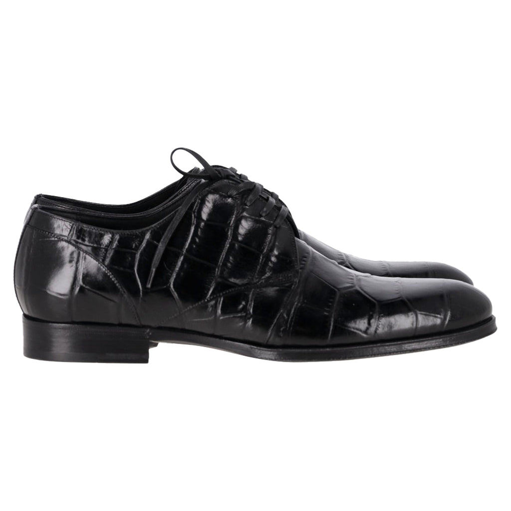 Women's Dolce & Gabbana Croc Embossed Derby Shoes in Black Leather