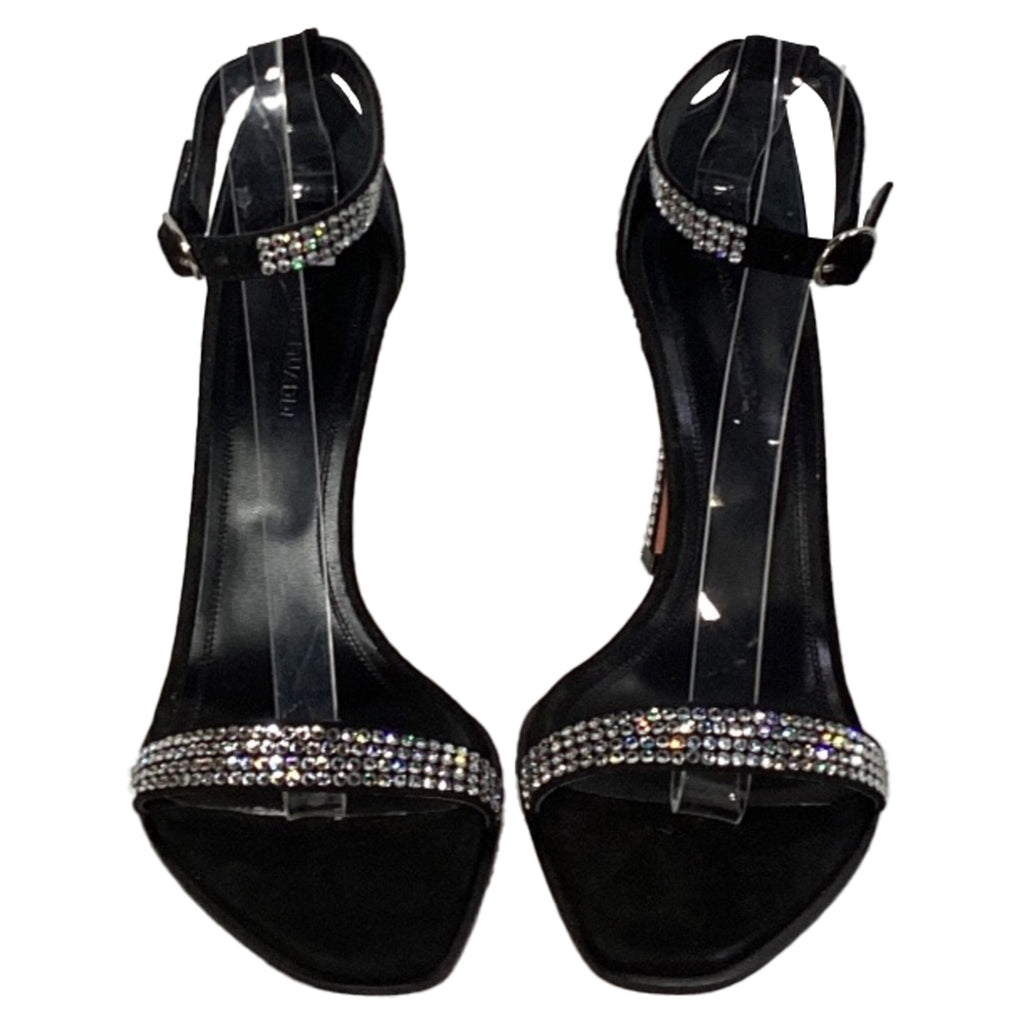 Women's Amina Muaddi Kim Embellished Sandal Heels in Black Suede