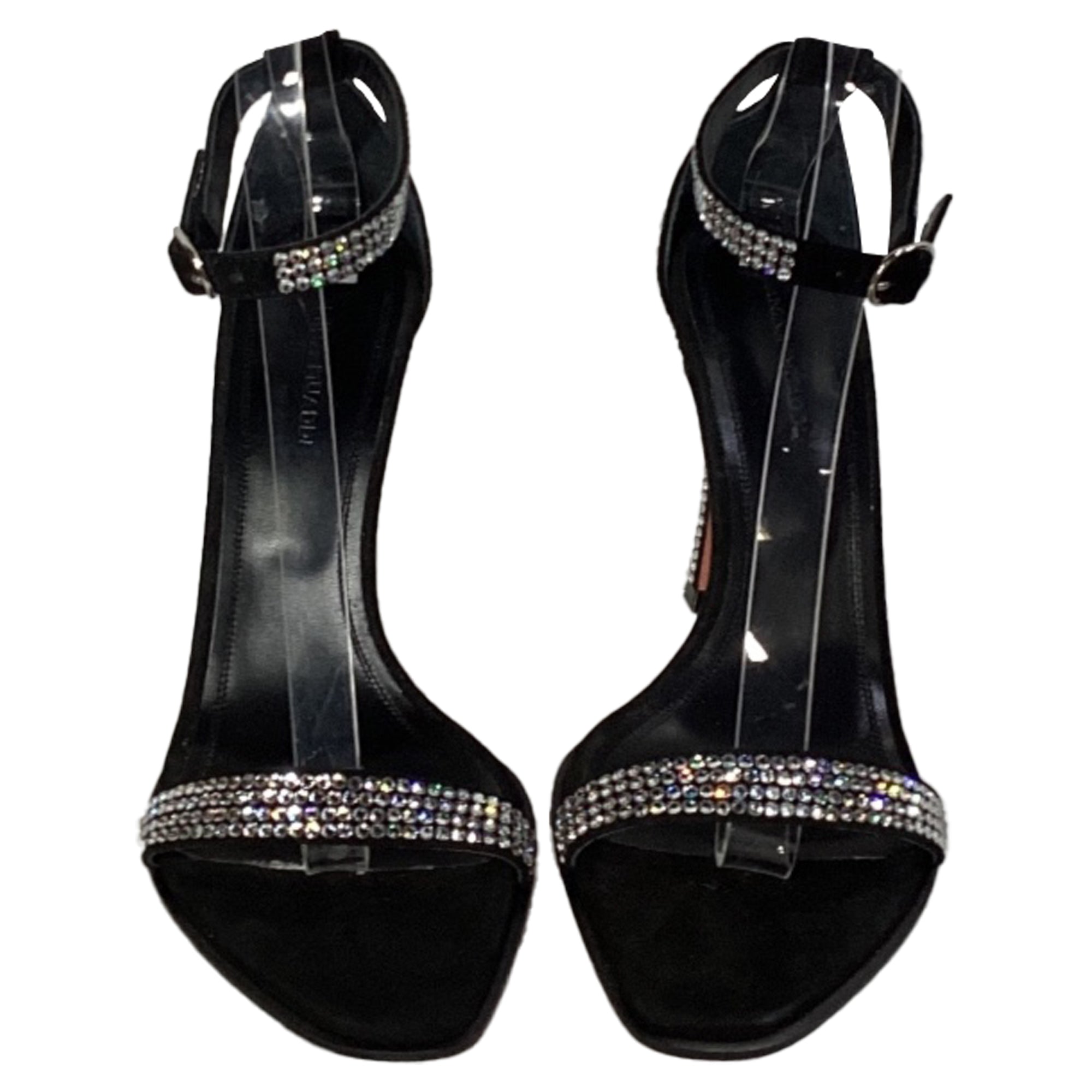 Women's Amina Muaddi Kim Embellished Sandal Heels in Black Suede
