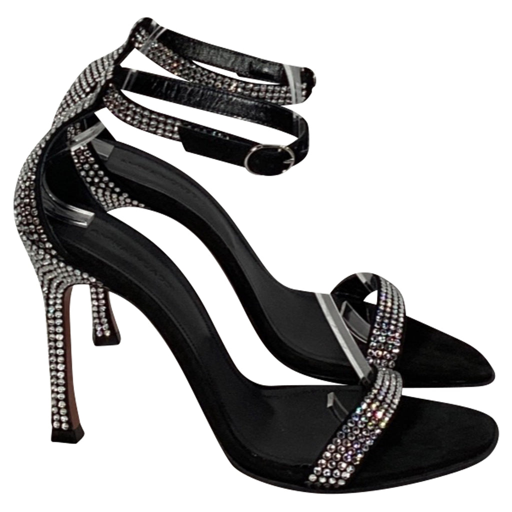 Women's Amina Muaddi Kim Embellished Sandal Heels in Black Suede