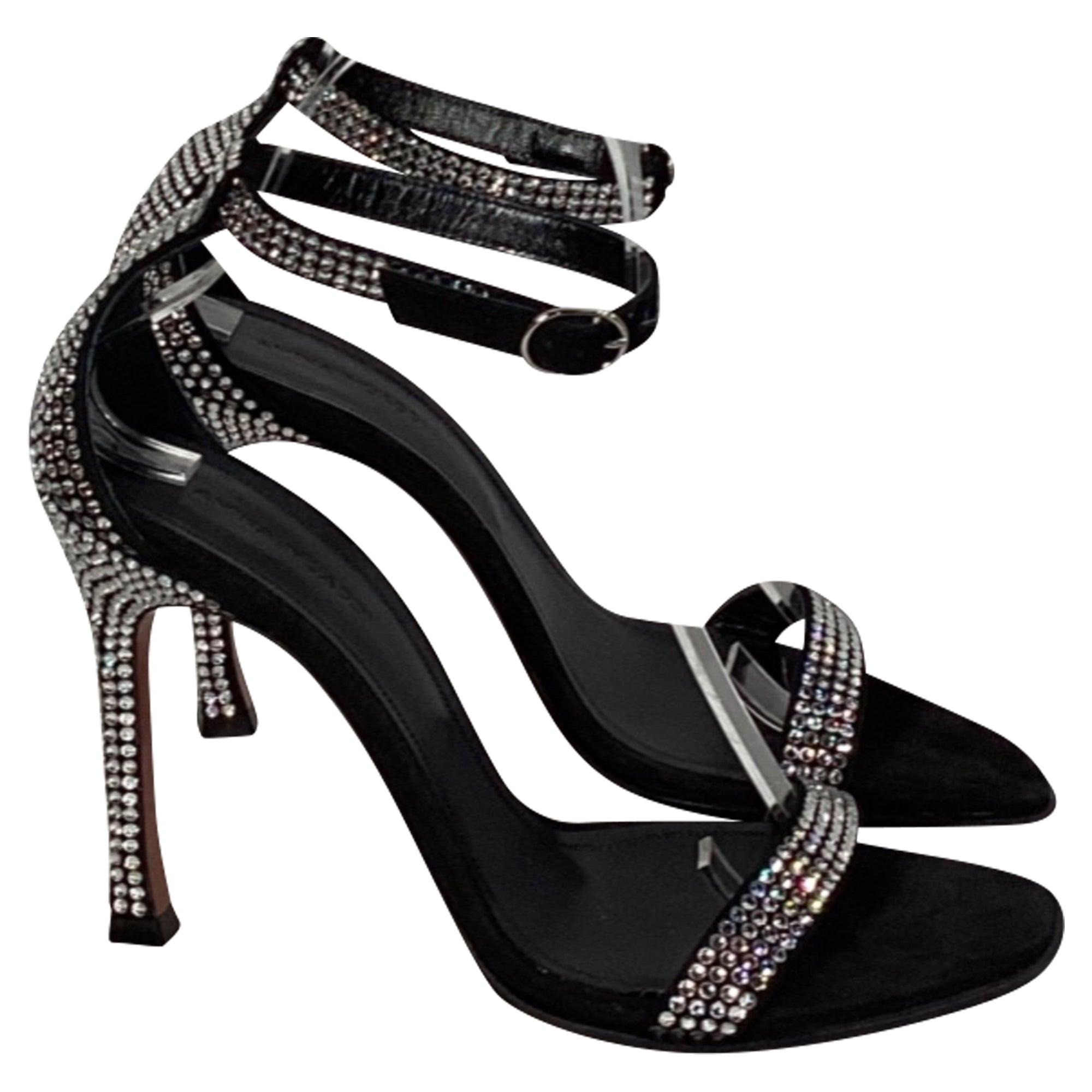 Women's Amina Muaddi Kim Embellished Sandal Heels in Black Suede
