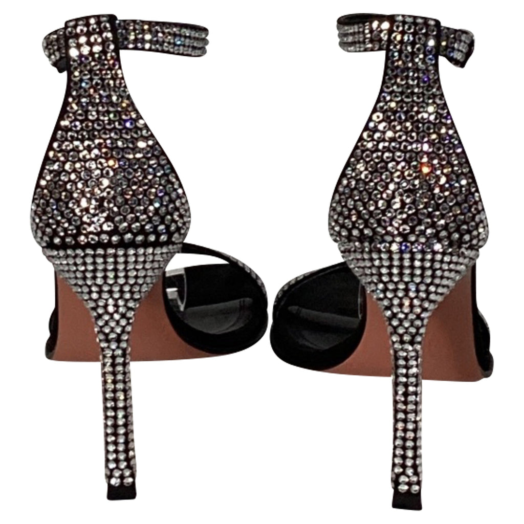 Women's Amina Muaddi Kim Embellished Sandal Heels in Black Suede