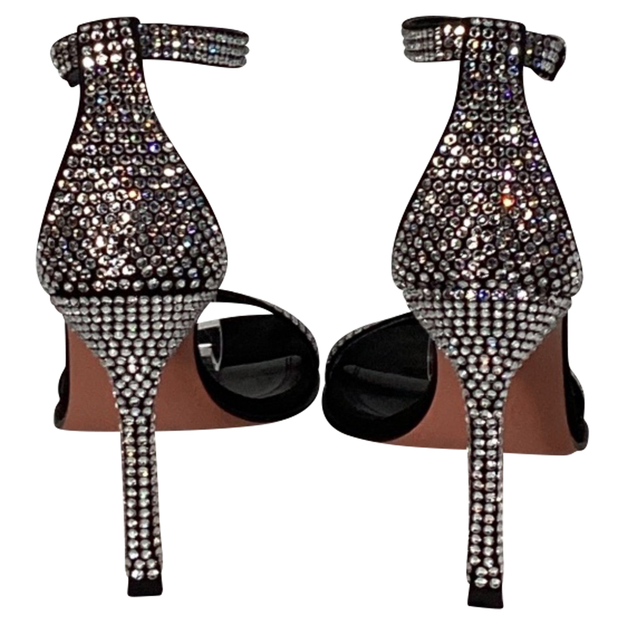 Women's Amina Muaddi Kim Embellished Sandal Heels in Black Suede