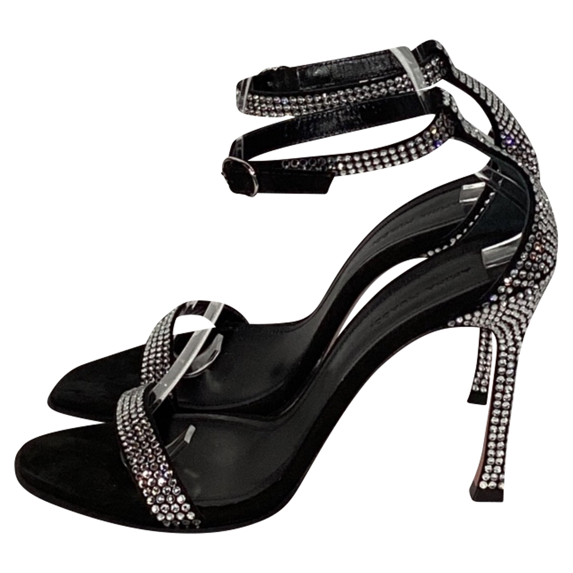 Women's Amina Muaddi Kim Embellished Sandal Heels in Black Suede