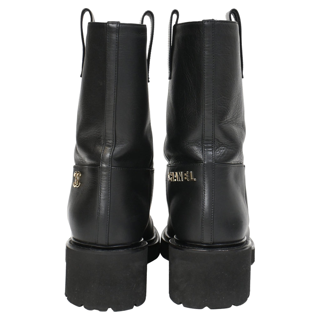 Chanel 2020 Interlocking CC Logo Moto Boots in Black Leather