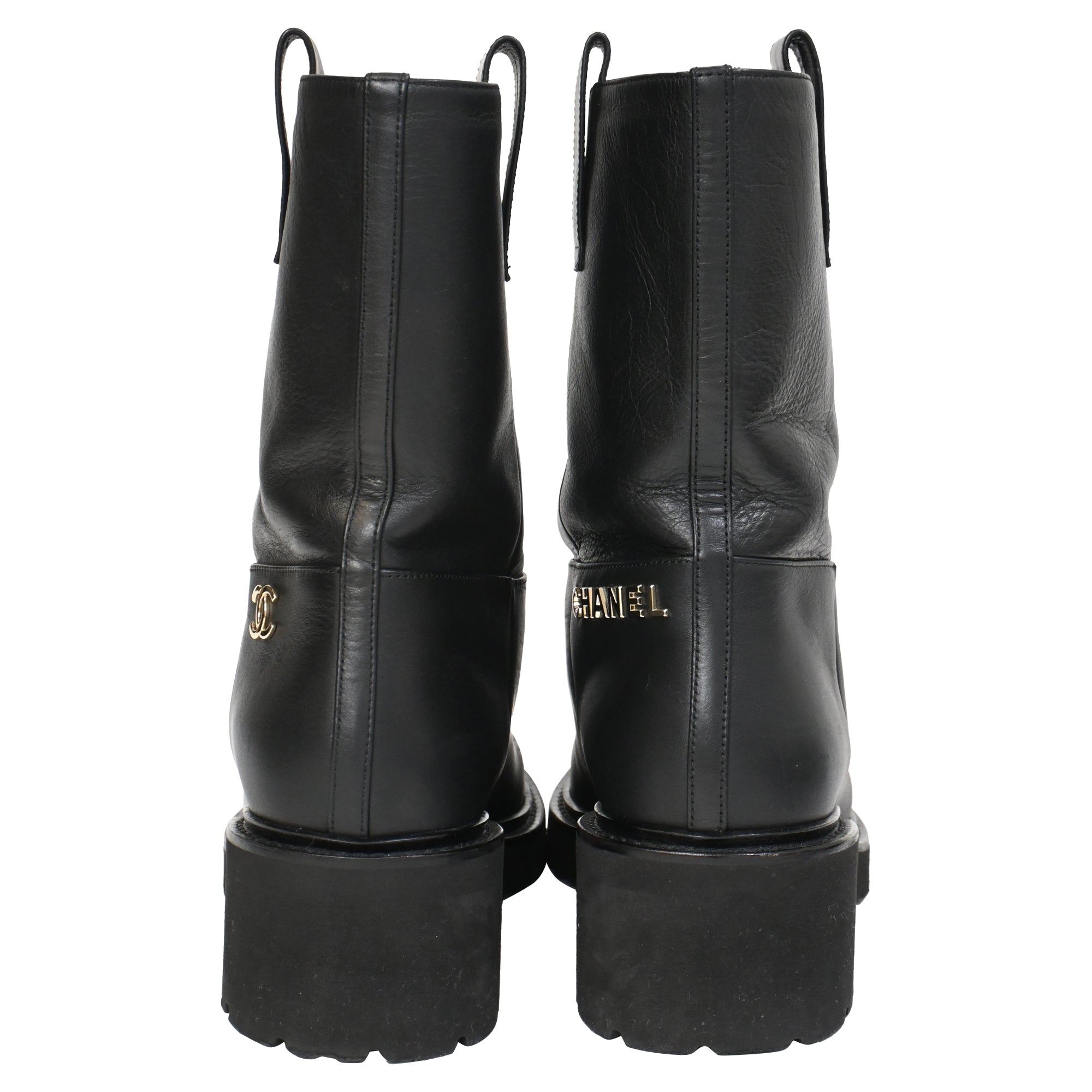 Chanel 2020 Interlocking CC Logo Moto Boots in Black Leather