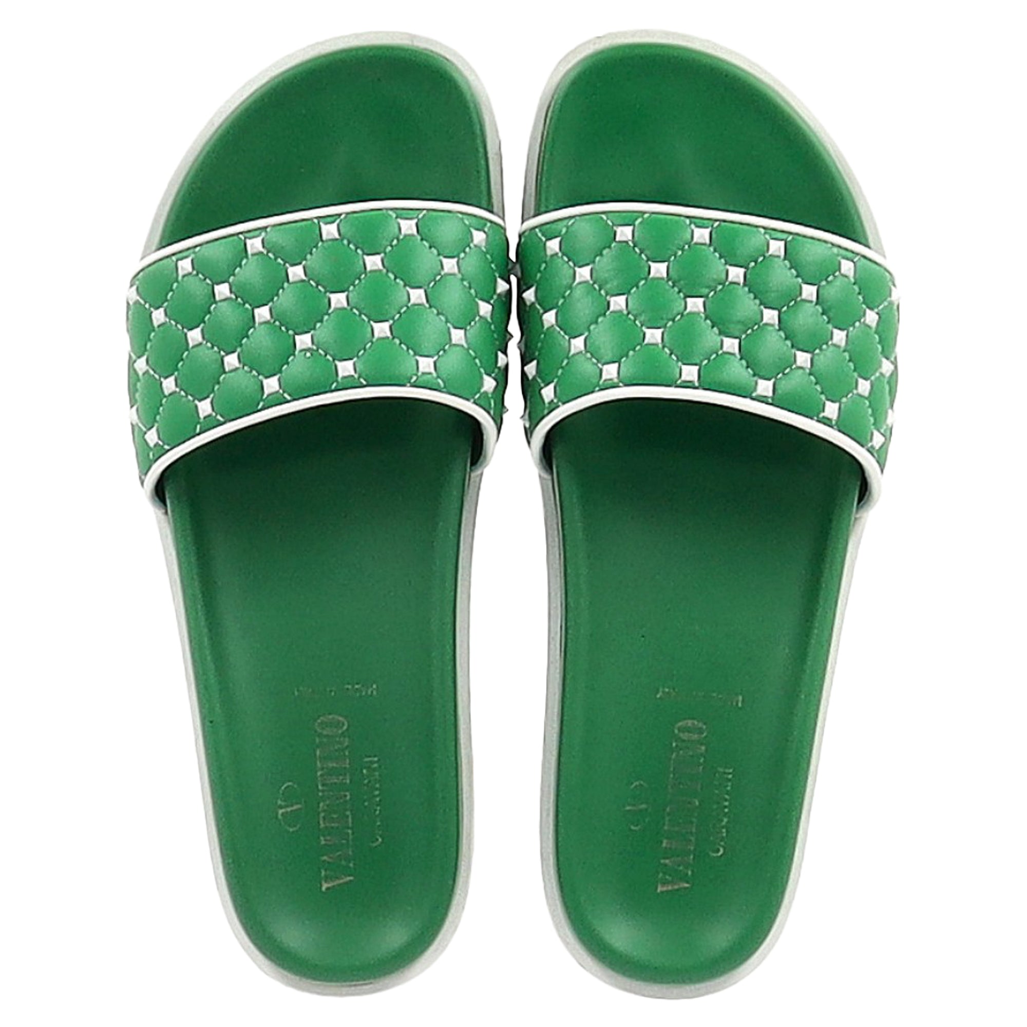 Valentino Garavani Rockstud Quilted Slides In Green Leather
