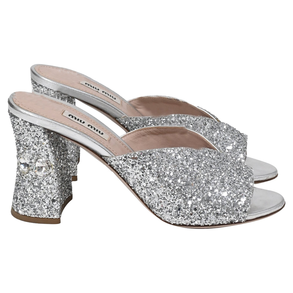 Women's Miu Miu Rocchetto Block Heel Slide Sandals in Silver Glitter