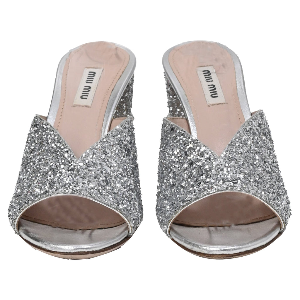 Women's Miu Miu Rocchetto Block Heel Slide Sandals in Silver Glitter