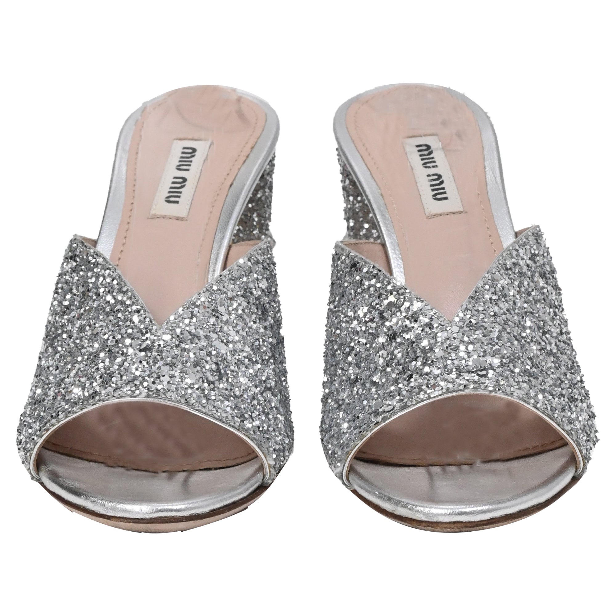Women's Miu Miu Rocchetto Block Heel Slide Sandals in Silver Glitter
