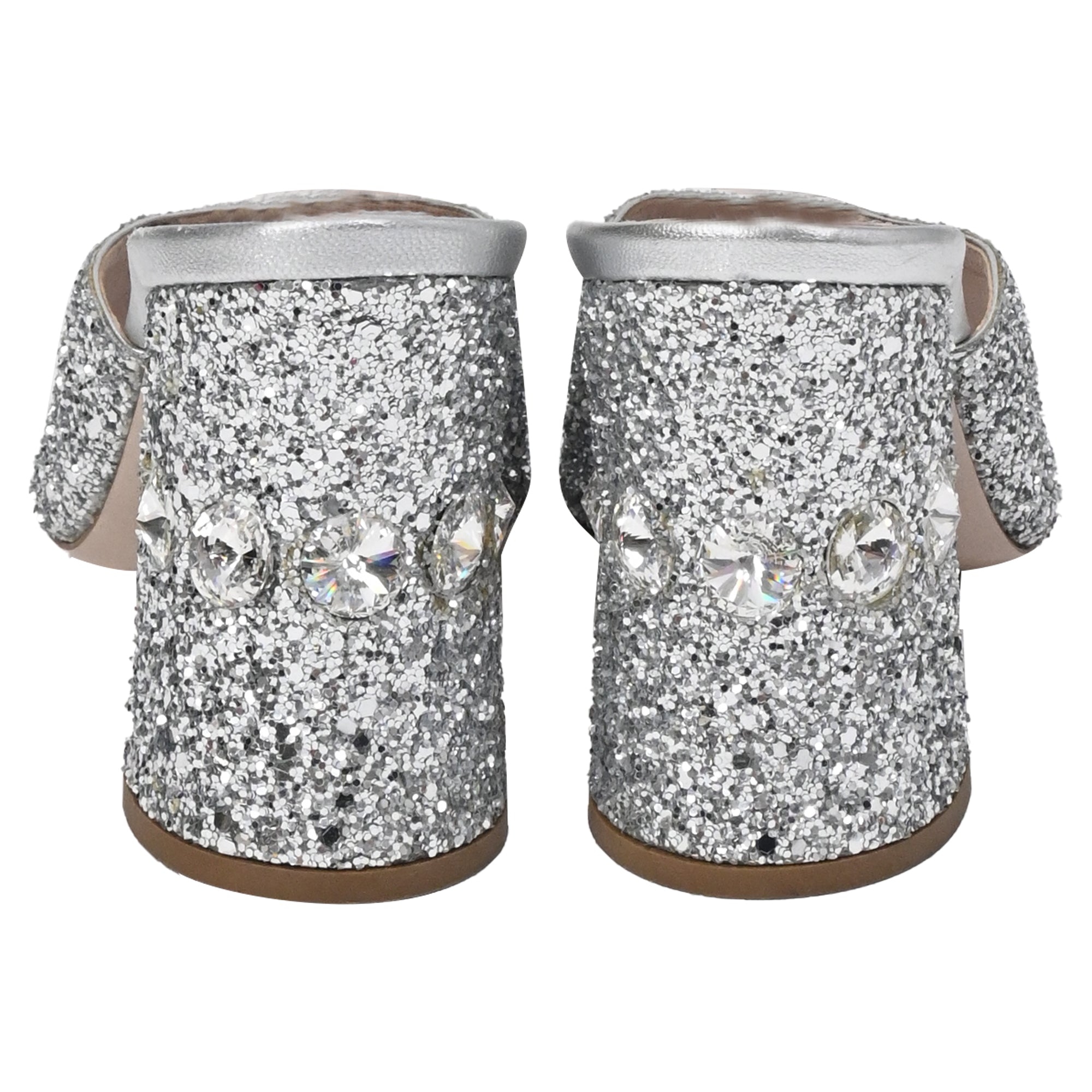 Women's Miu Miu Rocchetto Block Heel Slide Sandals in Silver Glitter