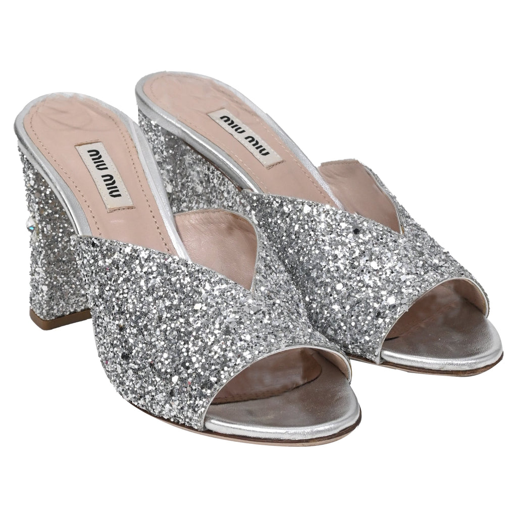 Women's Miu Miu Rocchetto Block Heel Slide Sandals in Silver Glitter