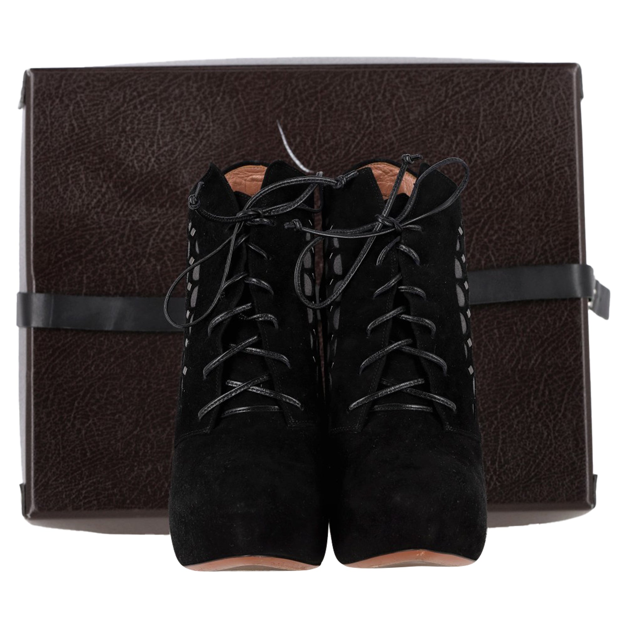 Alaïa Laser Cut Platform Ankle Boots in Black Suede