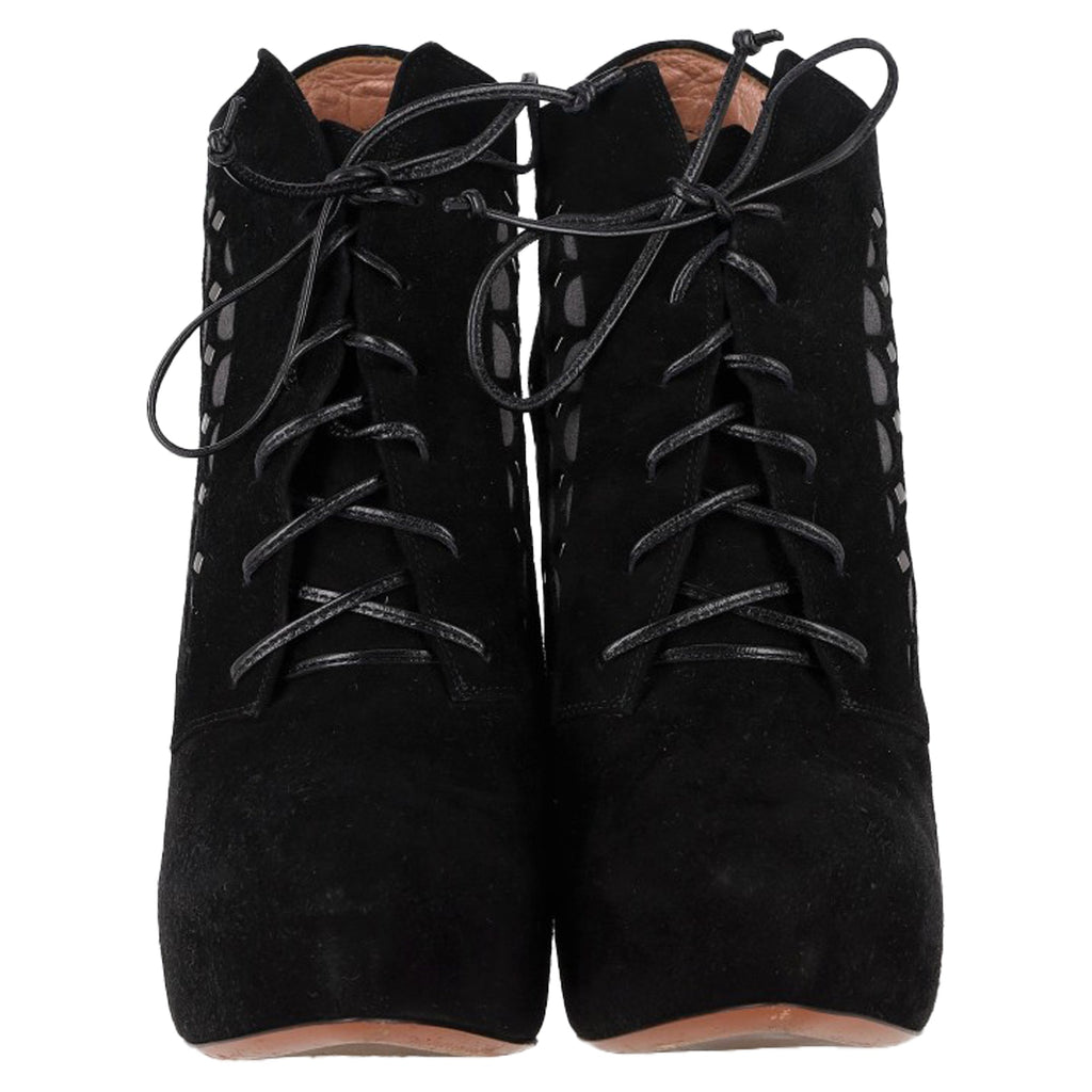Alaïa Laser Cut Platform Ankle Boots in Black Suede