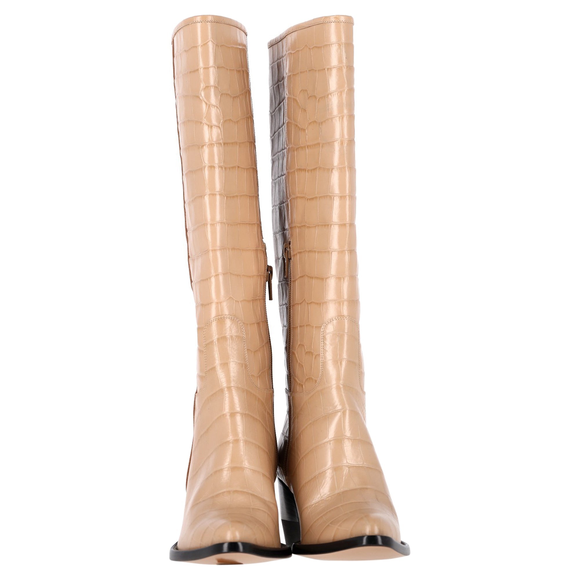 Chloé Crocodile-Embossed Knee-High Boots in Brown Beige Leather
