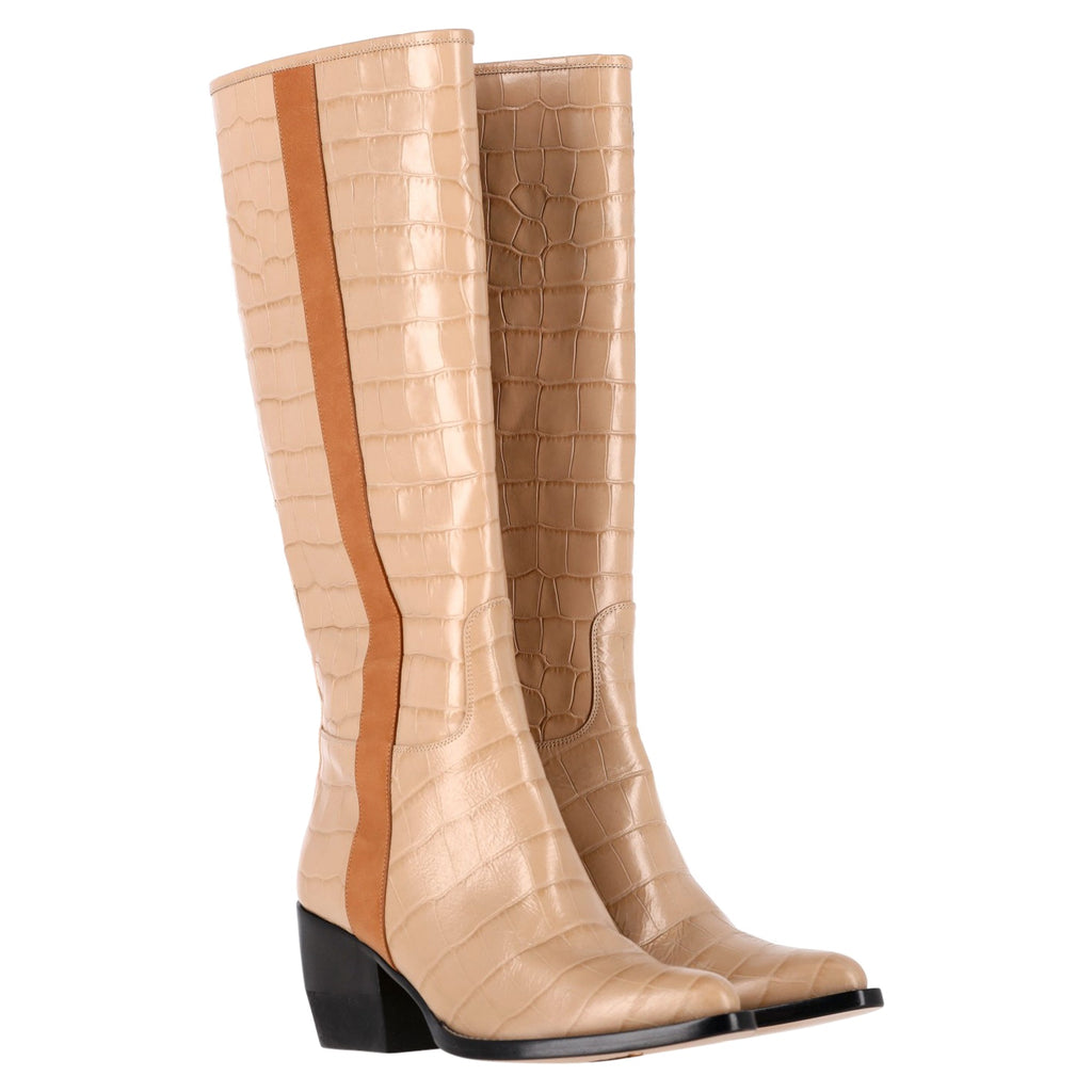 Chloé Crocodile-Embossed Knee-High Boots in Brown Beige Leather