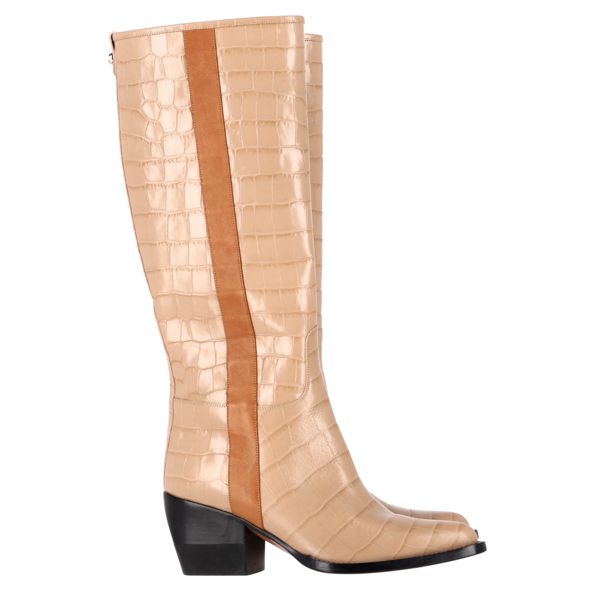 Chloé Crocodile-Embossed Knee-High Boots in Brown Beige Leather
