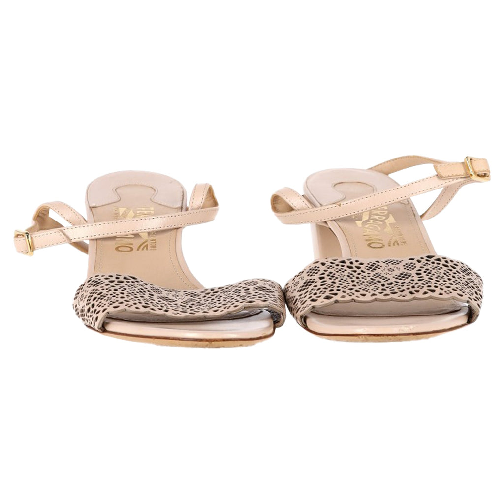 Salvatore Ferragamo Laser Cut Sandal Heels in Nude Leather