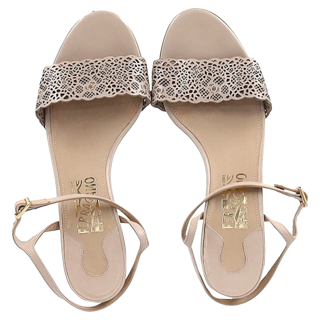 Salvatore Ferragamo Laser Cut Sandal Heels in Nude Leather