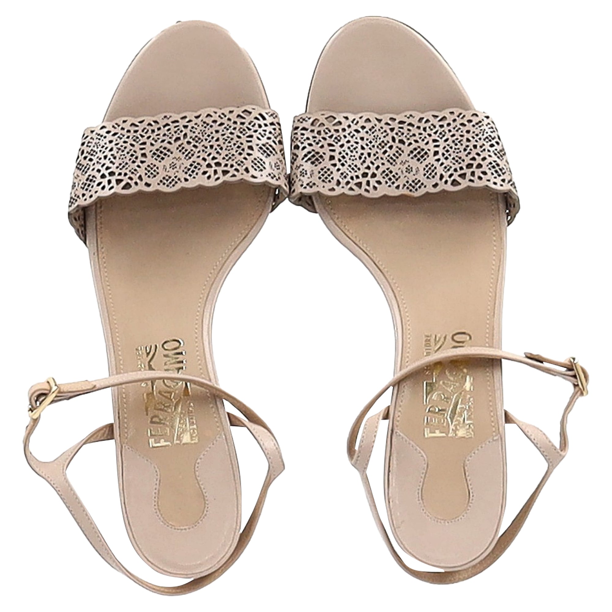 Salvatore Ferragamo Laser Cut Sandal Heels in Nude Leather