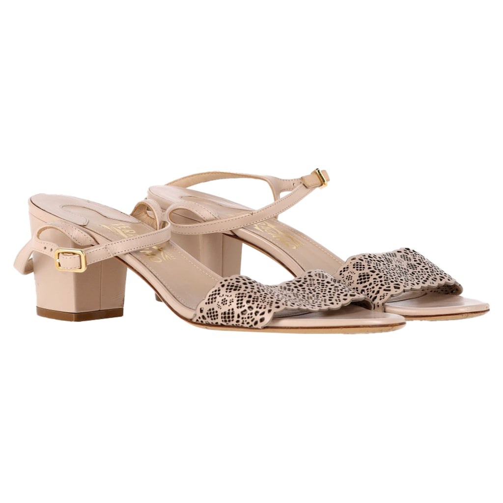 Salvatore Ferragamo Laser Cut Sandal Heels in Nude Leather