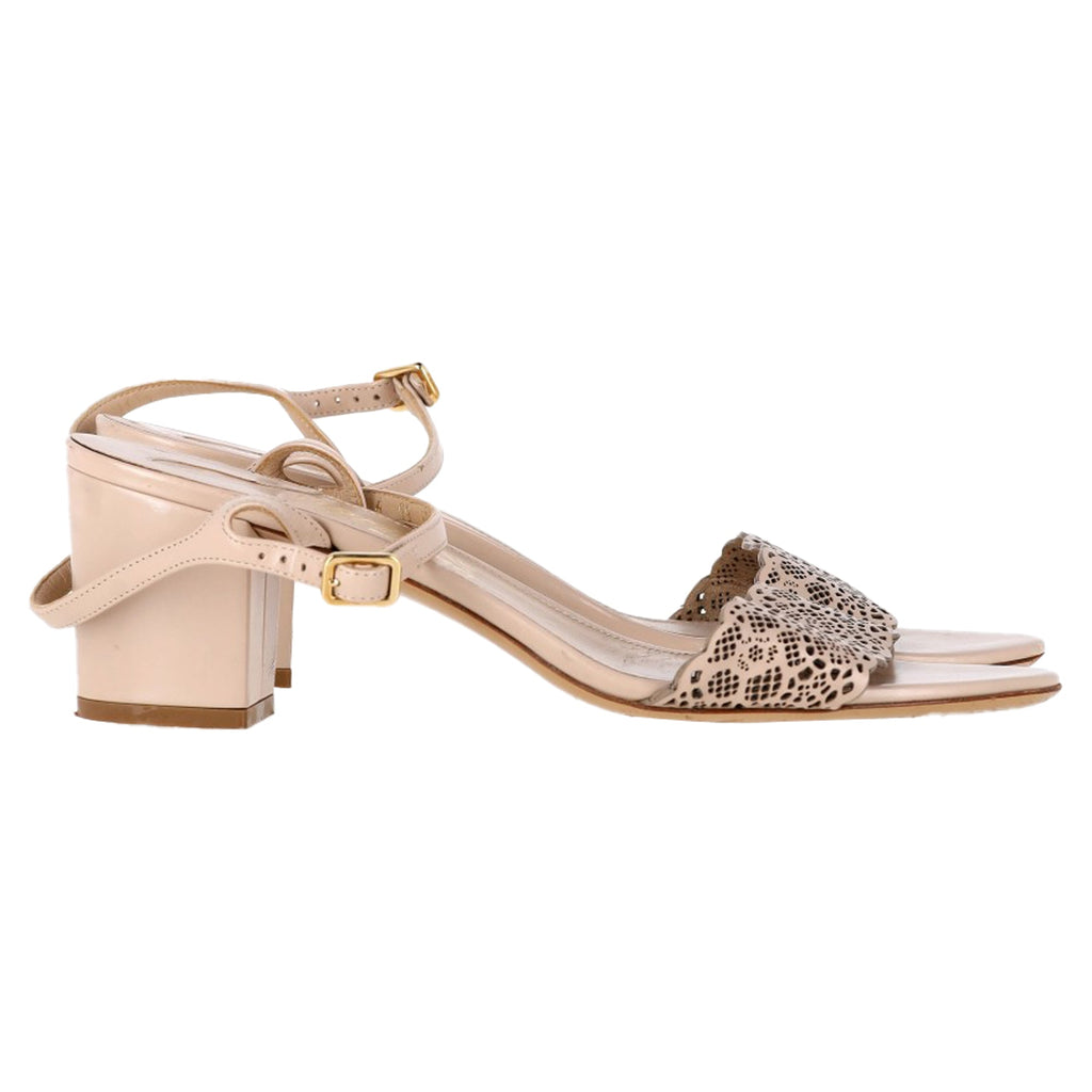 Salvatore Ferragamo Laser Cut Sandal Heels in Nude Leather