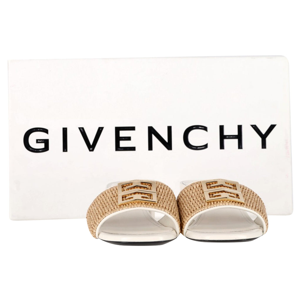 Women's Givenchy 4G Raffia Medallion Slide Sandals in White Leather