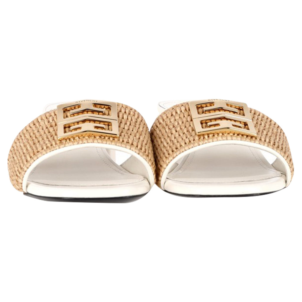 Women's Givenchy 4G Raffia Medallion Slide Sandals in White Leather