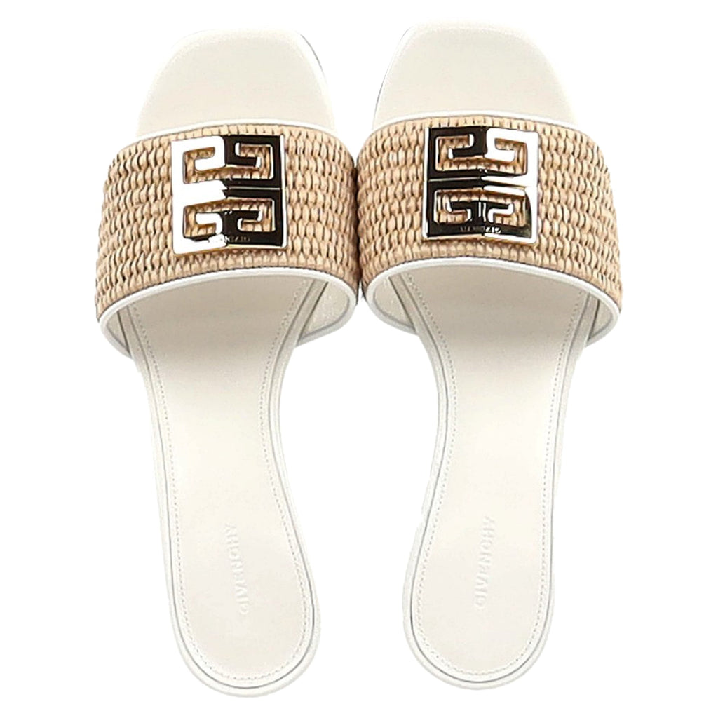 Women's Givenchy 4G Raffia Medallion Slide Sandals in White Leather