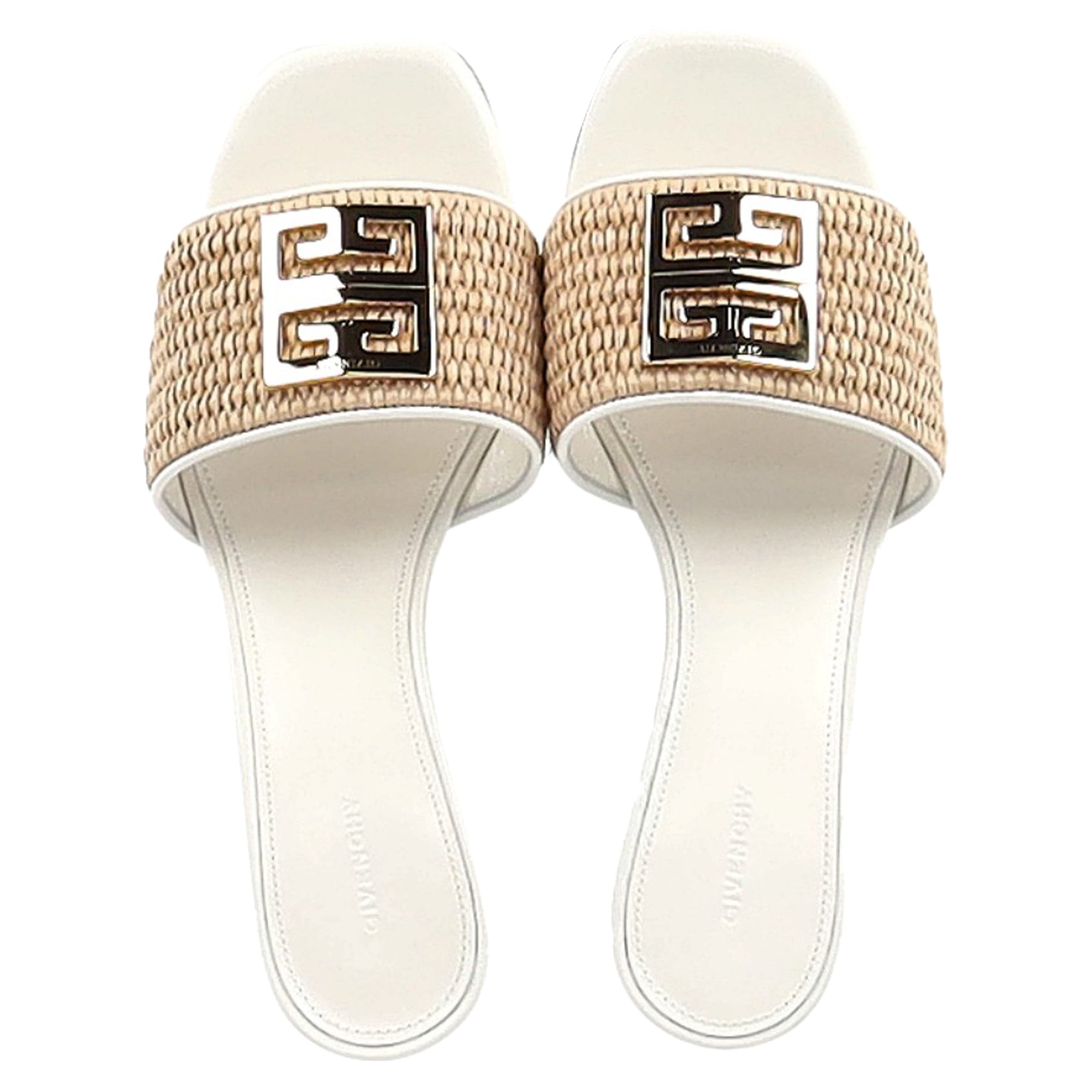 Women's Givenchy 4G Raffia Medallion Slide Sandals in White Leather
