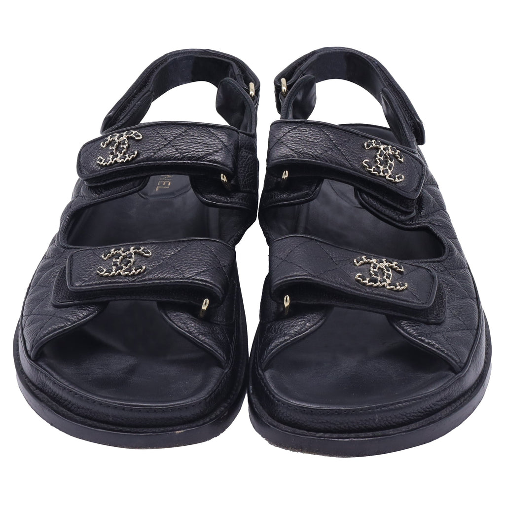 Chanel CC Dad Quilted Sandals in Black Calf Leather