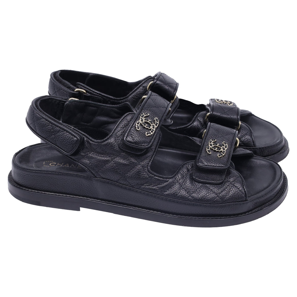 Chanel CC Dad Quilted Sandals in Black Calf Leather