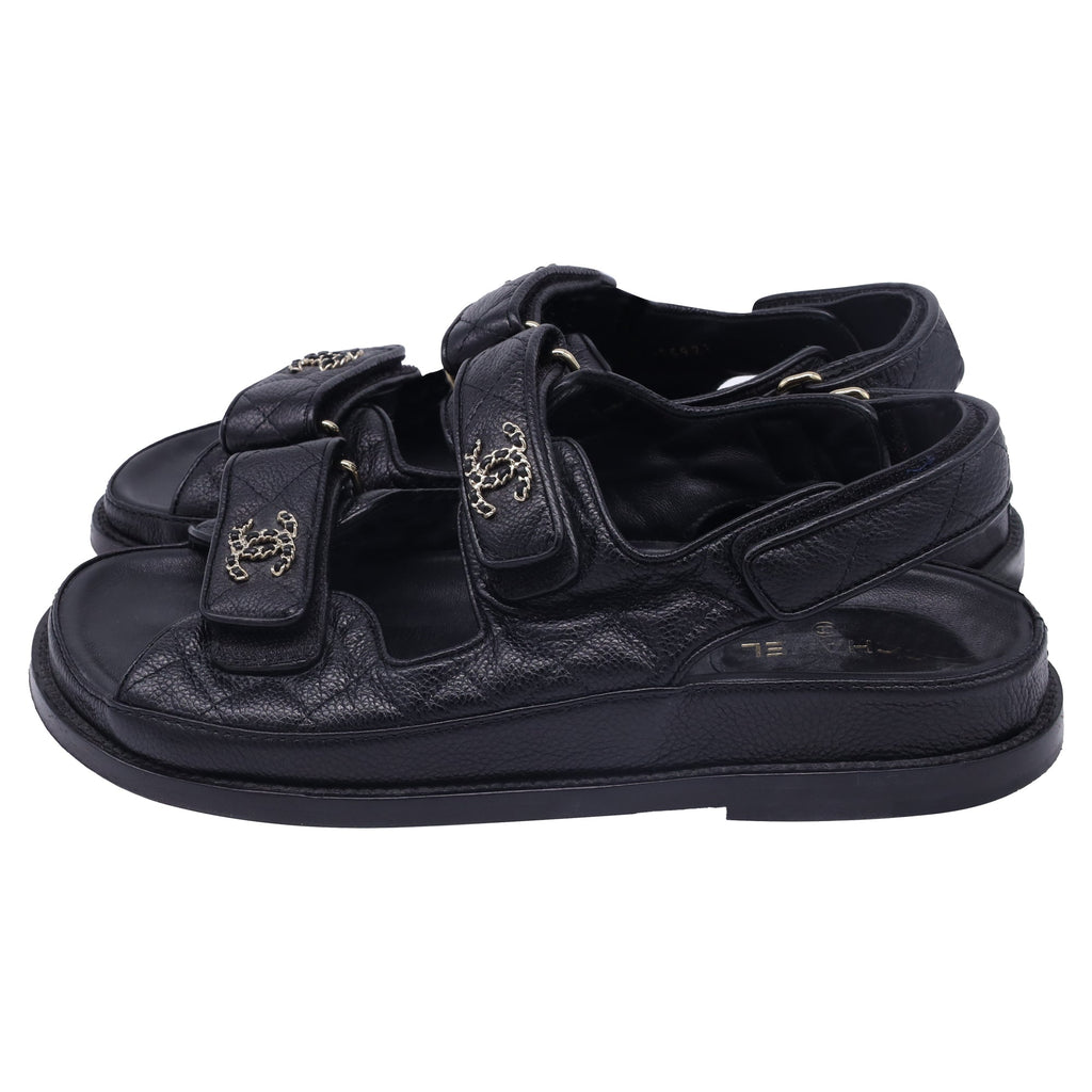 Chanel CC Dad Quilted Sandals in Black Calf Leather