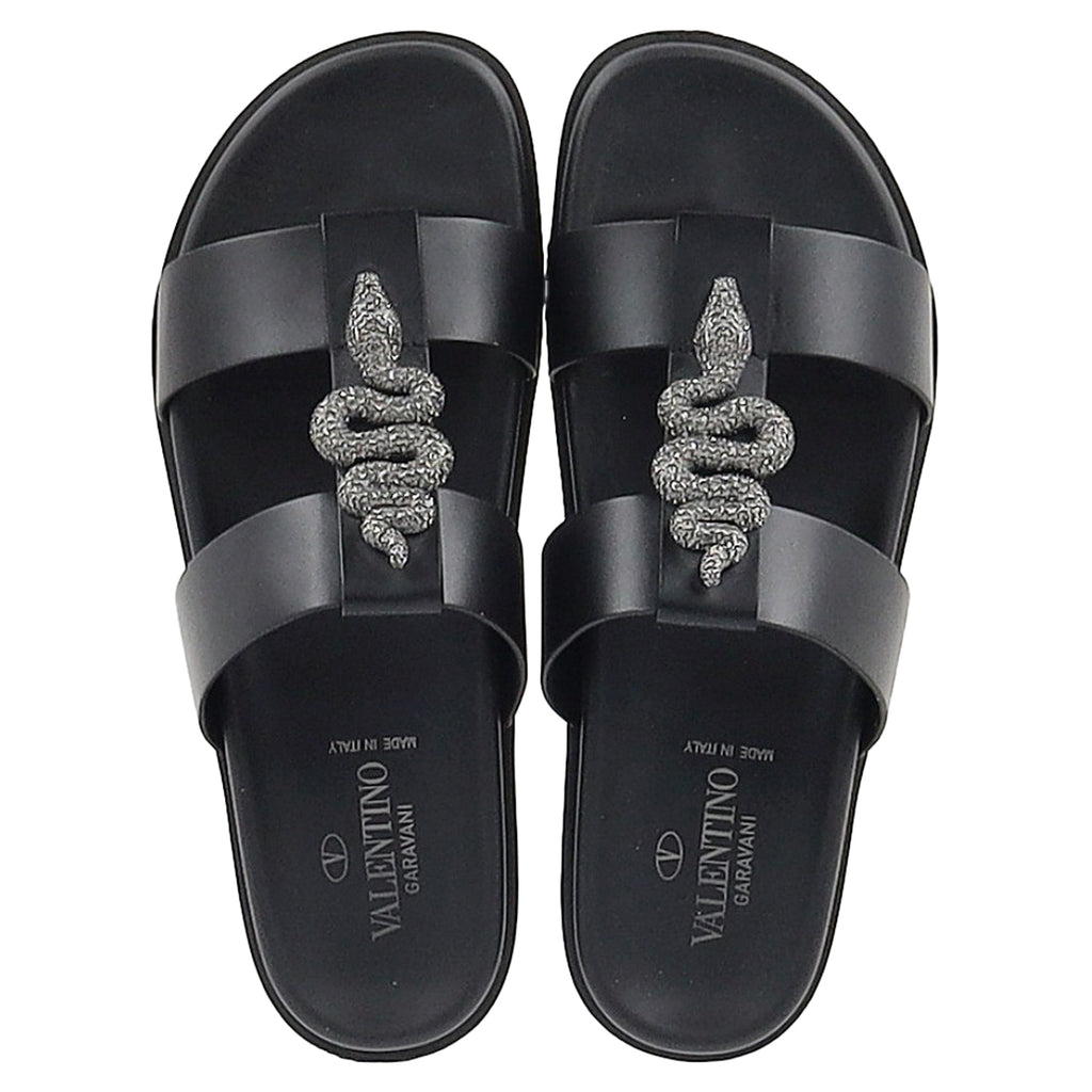 Valentino Garavani Serpent Snake Embellished Slippers in Black Leather