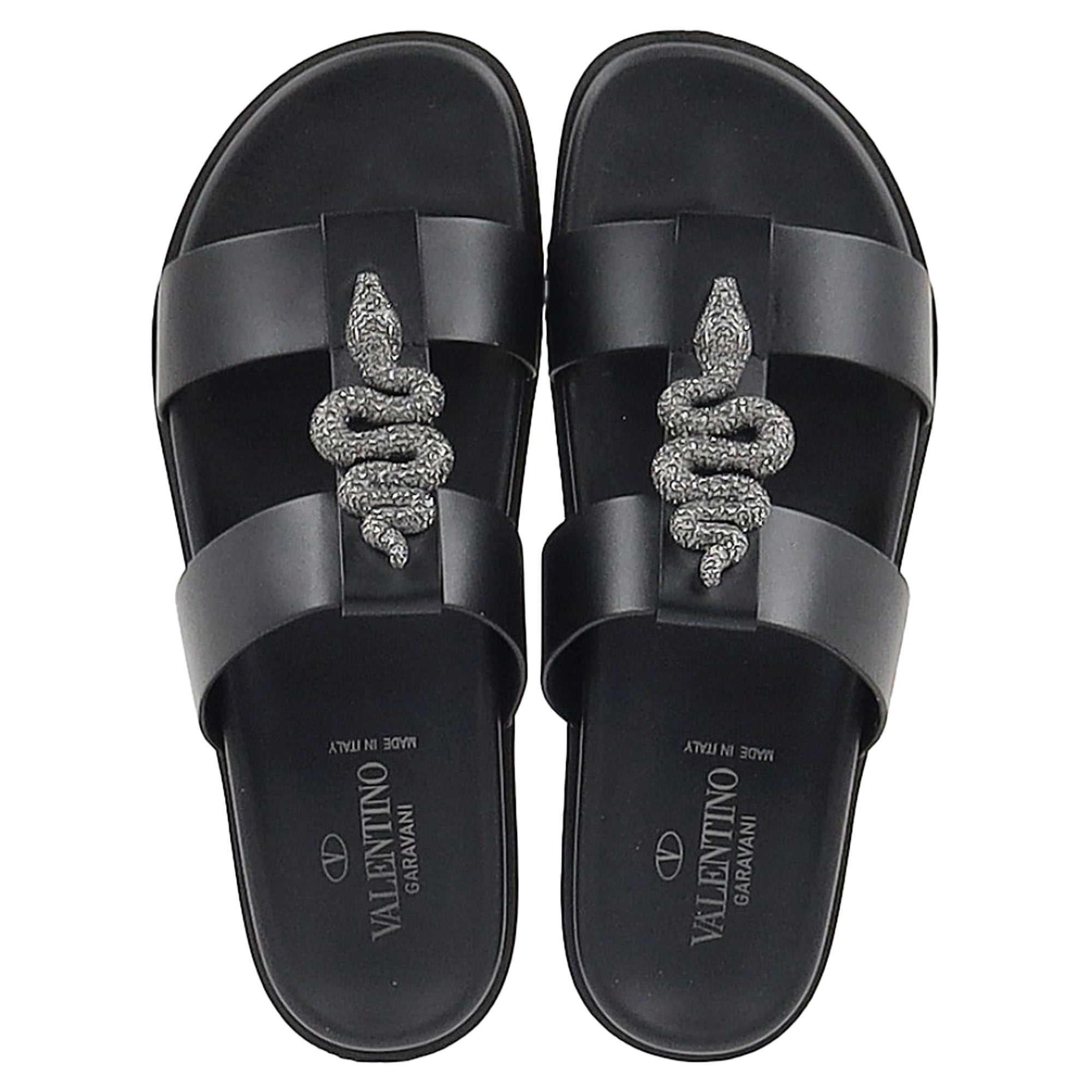 Valentino Garavani Serpent Snake Embellished Slippers in Black Leather